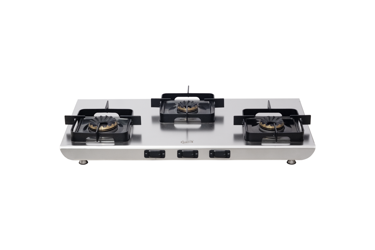 Jyoti 340 WOW Crown three-burner stainless steel gas stove, front view