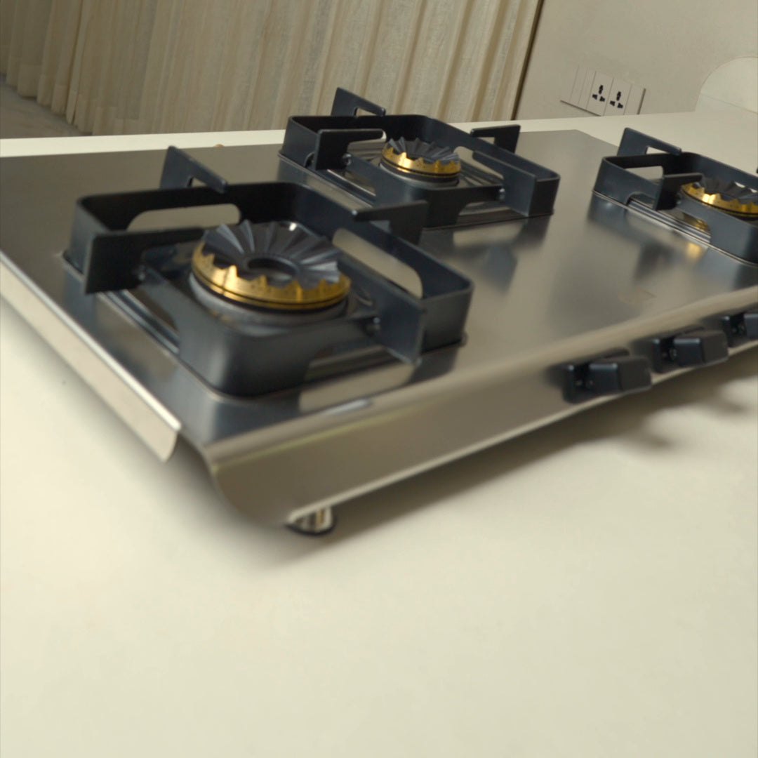 Jyoti 340 WOW Crown stainless steel gas stove, angled view