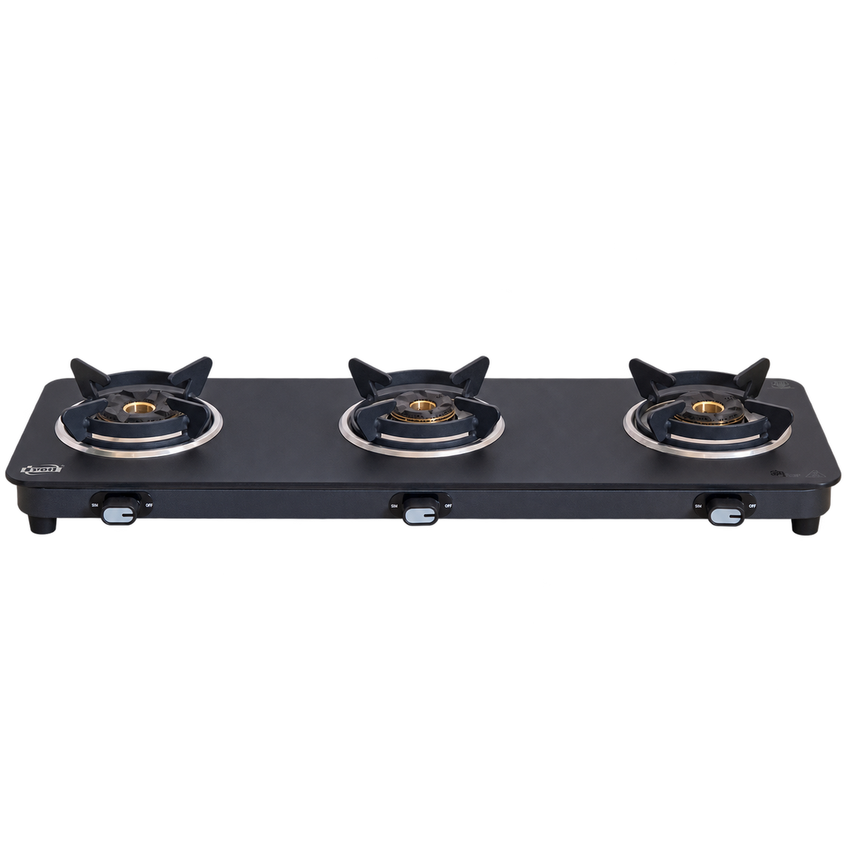 Jyoti 390 Oblong Matte three-burner gas stove, transparent front view