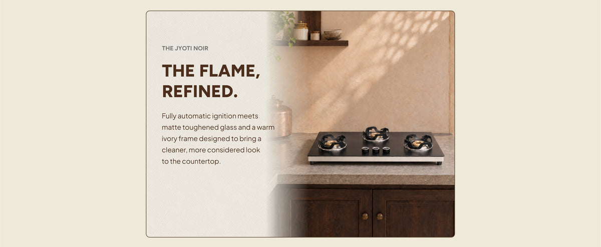 Jyoti Noir 3B Auto — The Flame, Refined — automatic ignition, matte black glass, and ivory frame