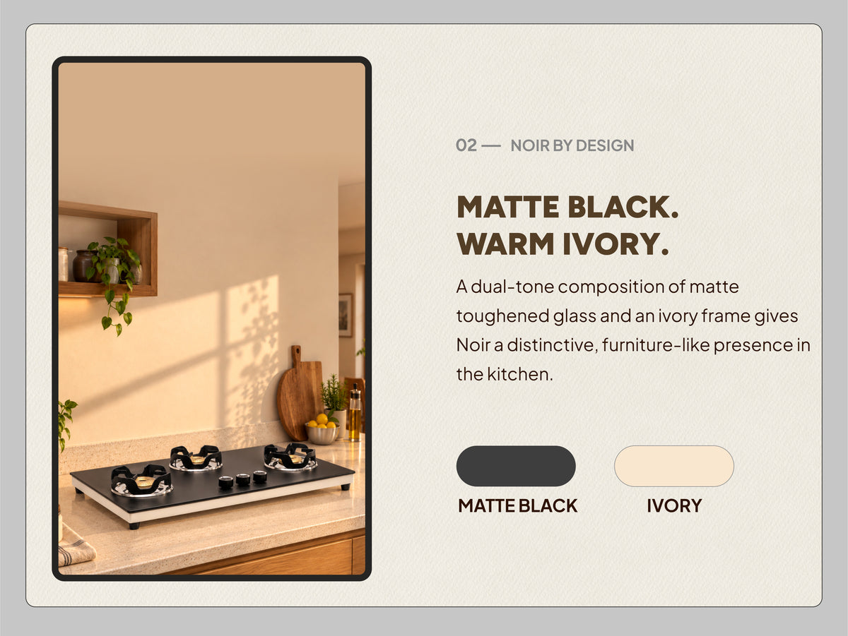 Jyoti Noir 3B Auto — Matte black toughened glass and warm ivory frame