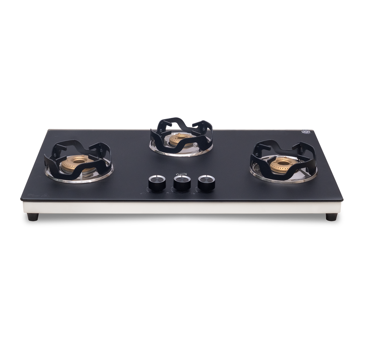 Jyoti Noir 3B Auto gas stove with matte black glass and ivory frame, front view