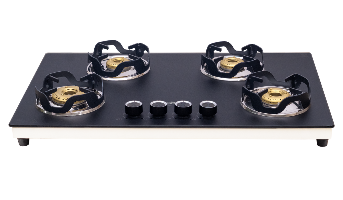 Jyoti Noir 4B Auto four-burner gas stove with matte black glass and ivory frame