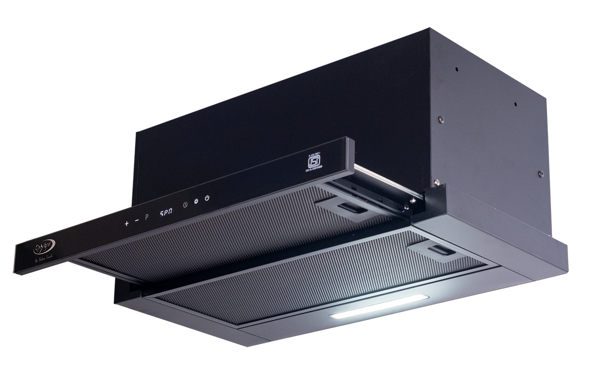 Oxygen 2050-60 slide-out chimney, underside angled product view showing dual aluminium filter panels and LED lighting