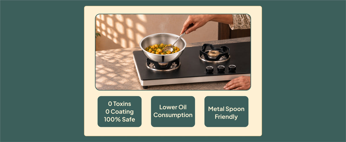 Tatva Tasla uncoated stainless steel and metal spoon friendly — shared across all sizes