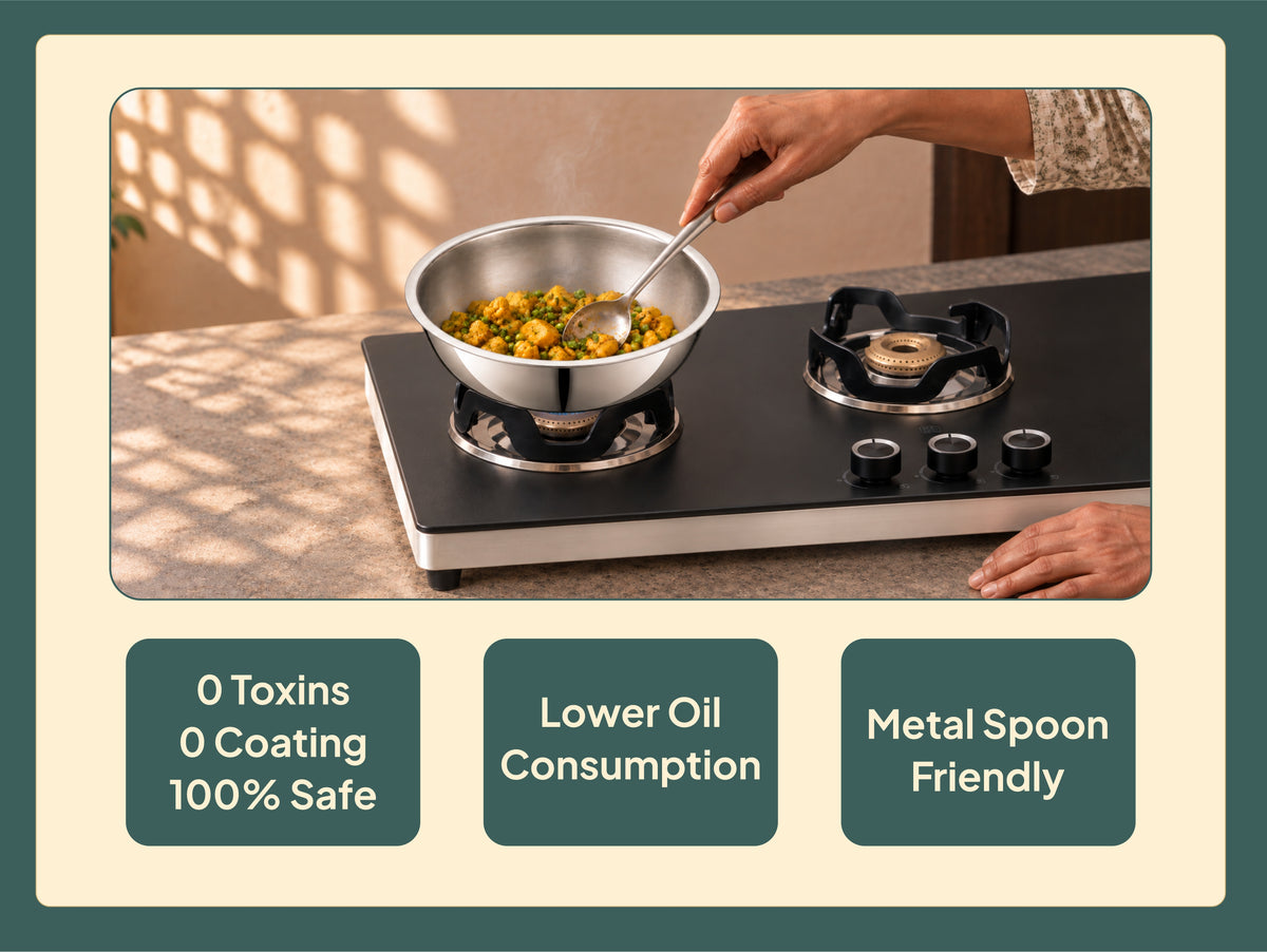 Tatva Tasla uncoated stainless steel and metal spoon friendly — shared across all sizes