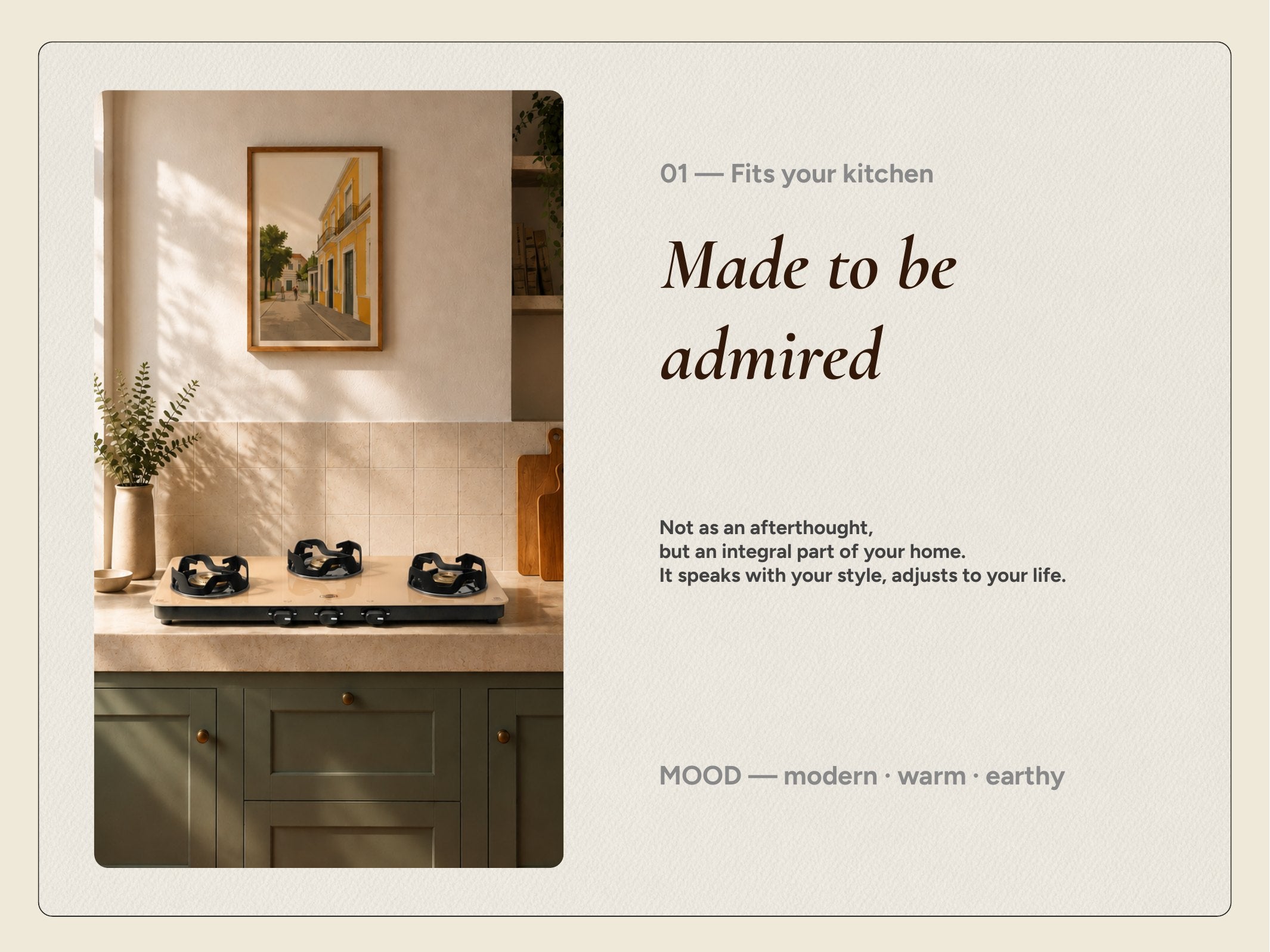 Urban Mocha cooktop styled in a kitchen — made to be admired, fits your kitchen
