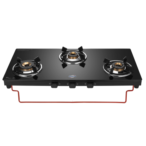 Jyoti 327 Sleek Black | 3 burner Gas Stove | Toughened Glass Cooktop | 3D Swirl Brass Burners with a Black SS Frame Base | lift To Clean Stand