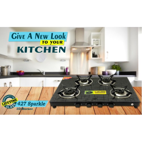 Jyoti 427 Sparkle 3D | 4 burner Gas Stove | Designer Matte finish Toughened Glass Cooktop | 3D Forged Brass Burners with SS Frame Base Jyoti 427 Sparkle 3D | 4 burner Gas Stove | Designer Matte finish Toughened Glass Cooktop | 3D Forged Brass Burners with SS Frame Base