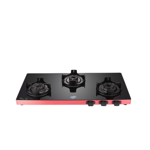Jyoti 323 Slender Red 3D| 3 Burner Gas Stove | Toughened Glass Cooktop | 3D Forged Brass Burners with Red Non-rusting Frame Base