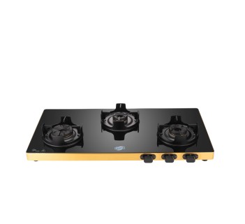 Jyoti 323 Slender Gold 3D| 3 Burner Gas Stove | Toughened Glass Cooktop | 3D Forged Brass Burners with Golden Non-rusting Frame Base
