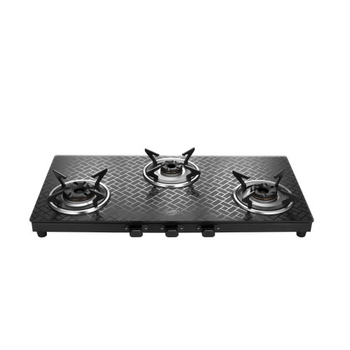 Jyoti 327 Maze 3D | 3 burner Gas Stove | Matte finish Toughened Glass Cooktop | 3D Forged Brass Burners with SS Frame Base