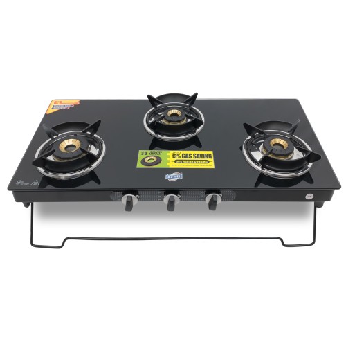 Jyoti 331 DT Swirl 3D Lift to Clean | 3 Burner Glass Gas Stove | Toughened Glass Cooktop with 5 year Warranty on Glass | Gas Saving 3D Swirl Forged Brass Burners | Heavy Flame Guard Pan Supports |