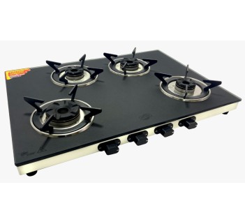 Jyoti 427 Matte 3D | 4 burner Gas Stove | Matte finish Toughened Glass Cooktop | 3D Forged Brass Burners with SS Frame Base